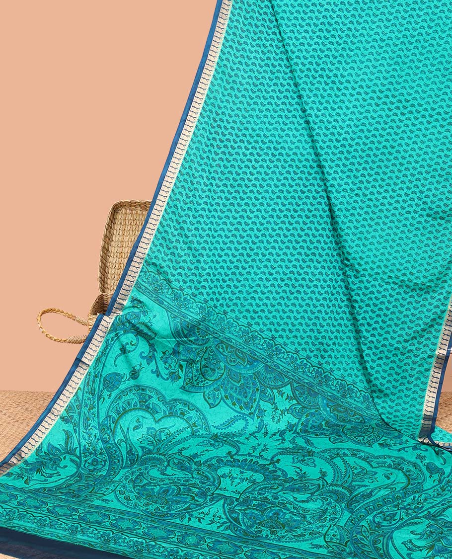 Unique motifs semi-banaras printed saree, contrast paisley border & intricately printed pallu - Image 8