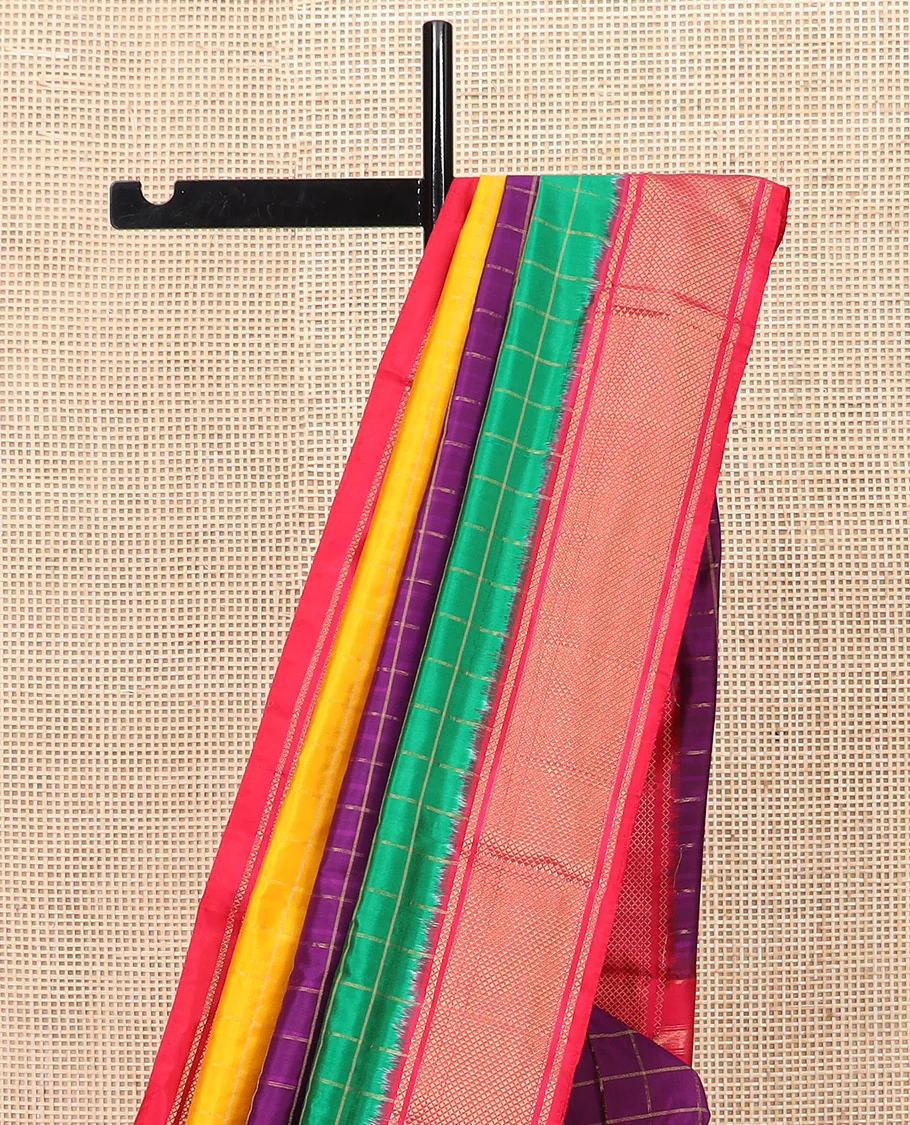 Vibrant Multi-Coloured Blocked Ikkat Silk Saree with Gleaming Zari Checks, Highlighted with a Contrast Border, Jaal Patterned Pallu, and a Contrast Blouse - Image 3