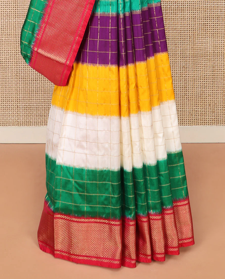 Vibrant Multi-Coloured Blocked Ikkat Silk Saree with Gleaming Zari Checks, Highlighted with a Contrast Border, Jaal Patterned Pallu, and a Contrast Blouse - Image 4