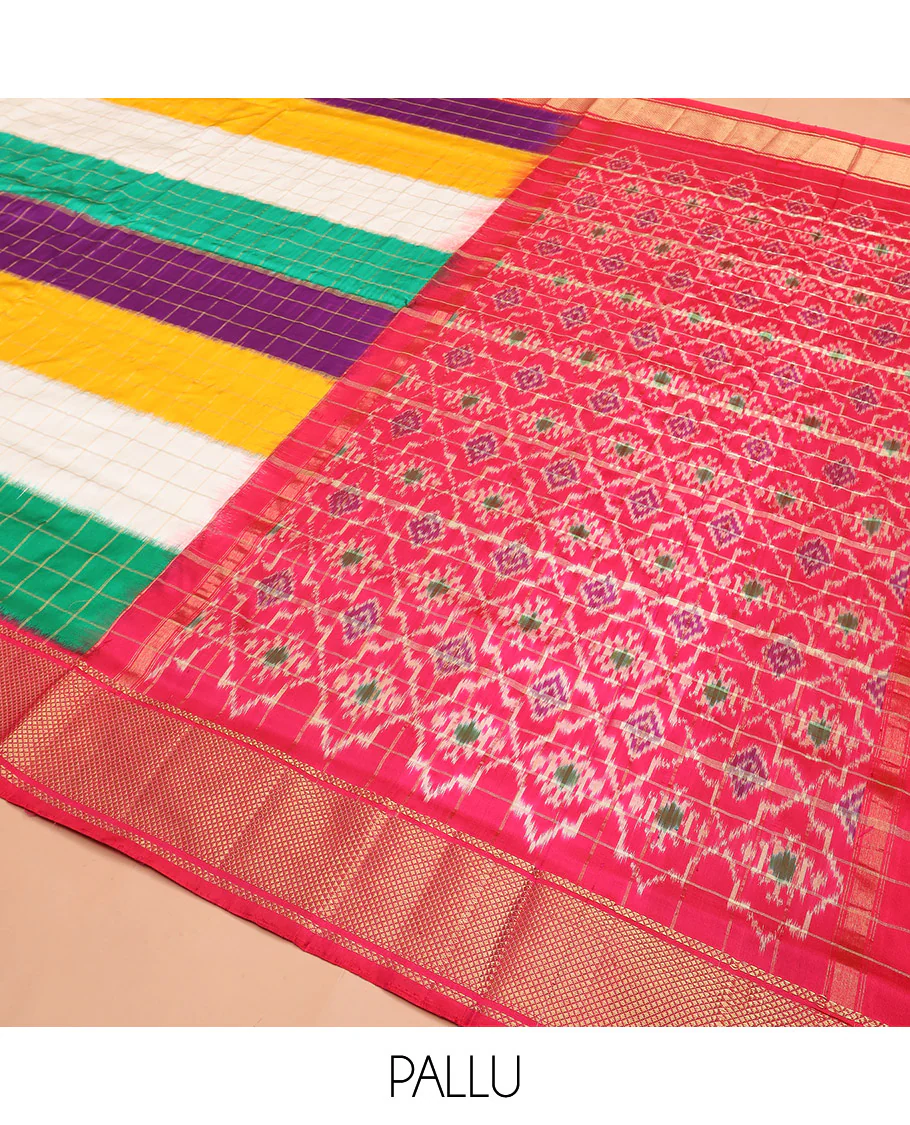 Vibrant Multi-Coloured Blocked Ikkat Silk Saree with Gleaming Zari Checks, Highlighted with a Contrast Border, Jaal Patterned Pallu, and a Contrast Blouse - Image 5