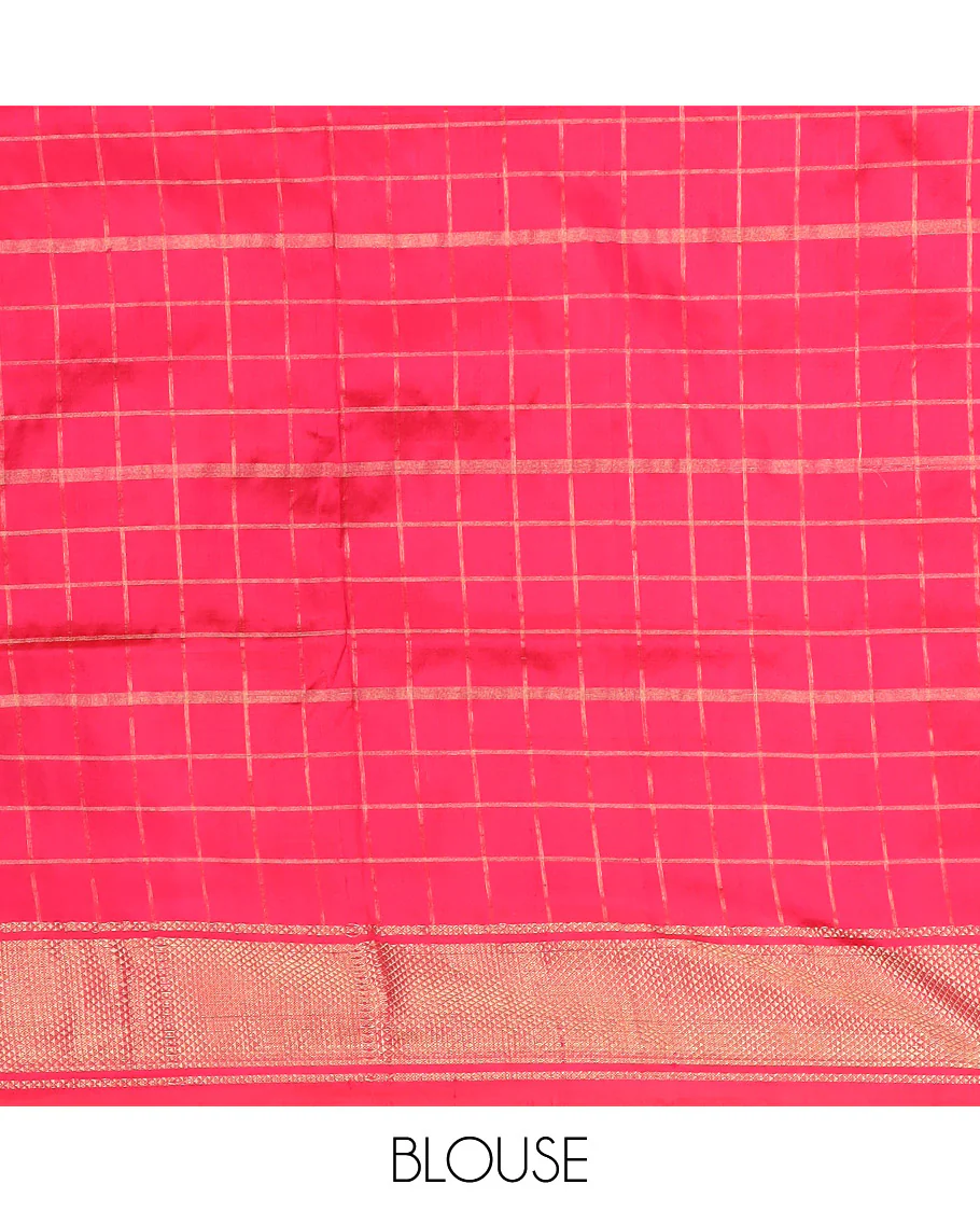 Vibrant Multi-Coloured Blocked Ikkat Silk Saree with Gleaming Zari Checks, Highlighted with a Contrast Border, Jaal Patterned Pallu, and a Contrast Blouse - Image 6