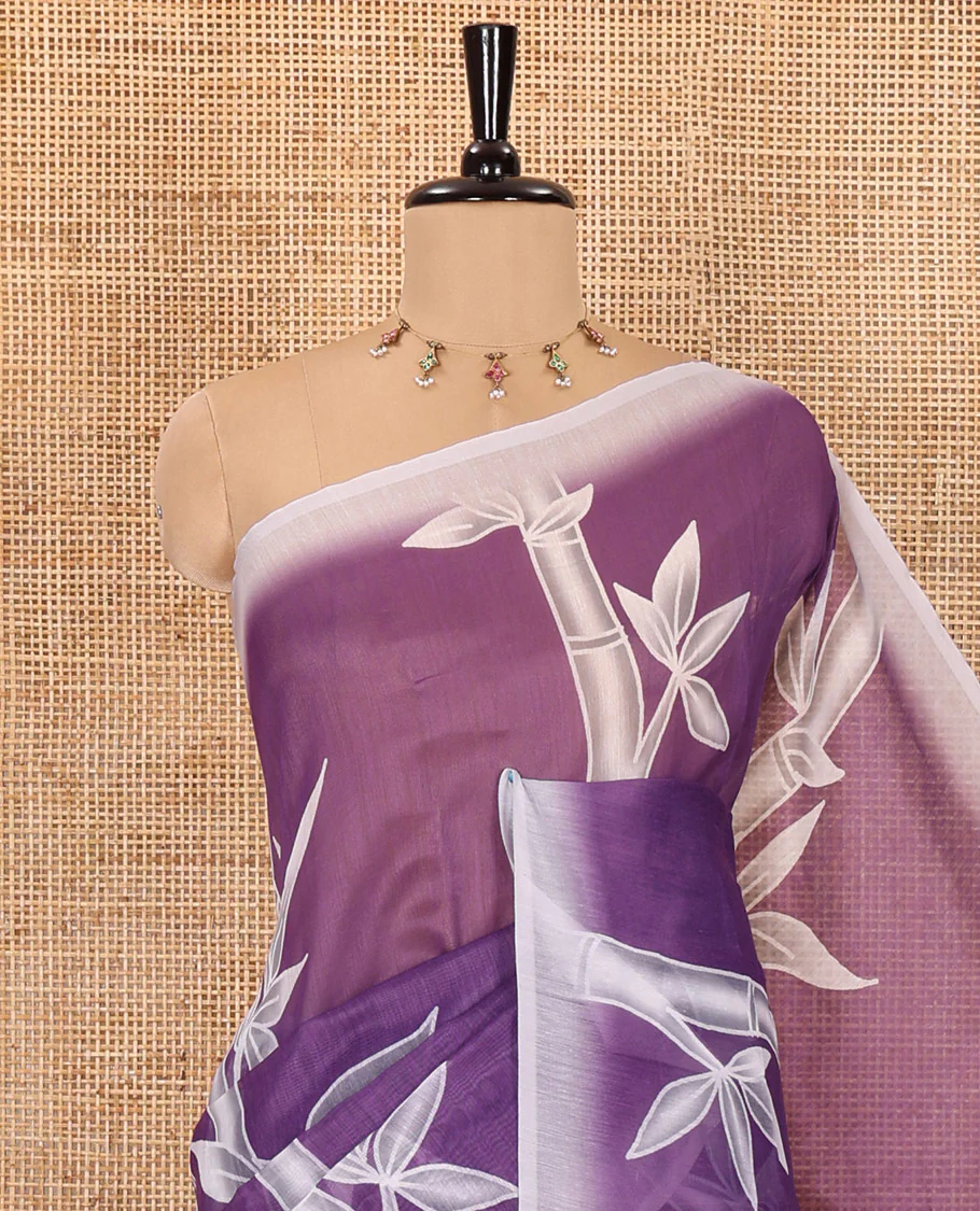 Violet bamboo motifs printed chanderi cotton saree, contrast plain border, bamboo motifs printed pallu, and a contrast unique motifs printed blouse - Image 2