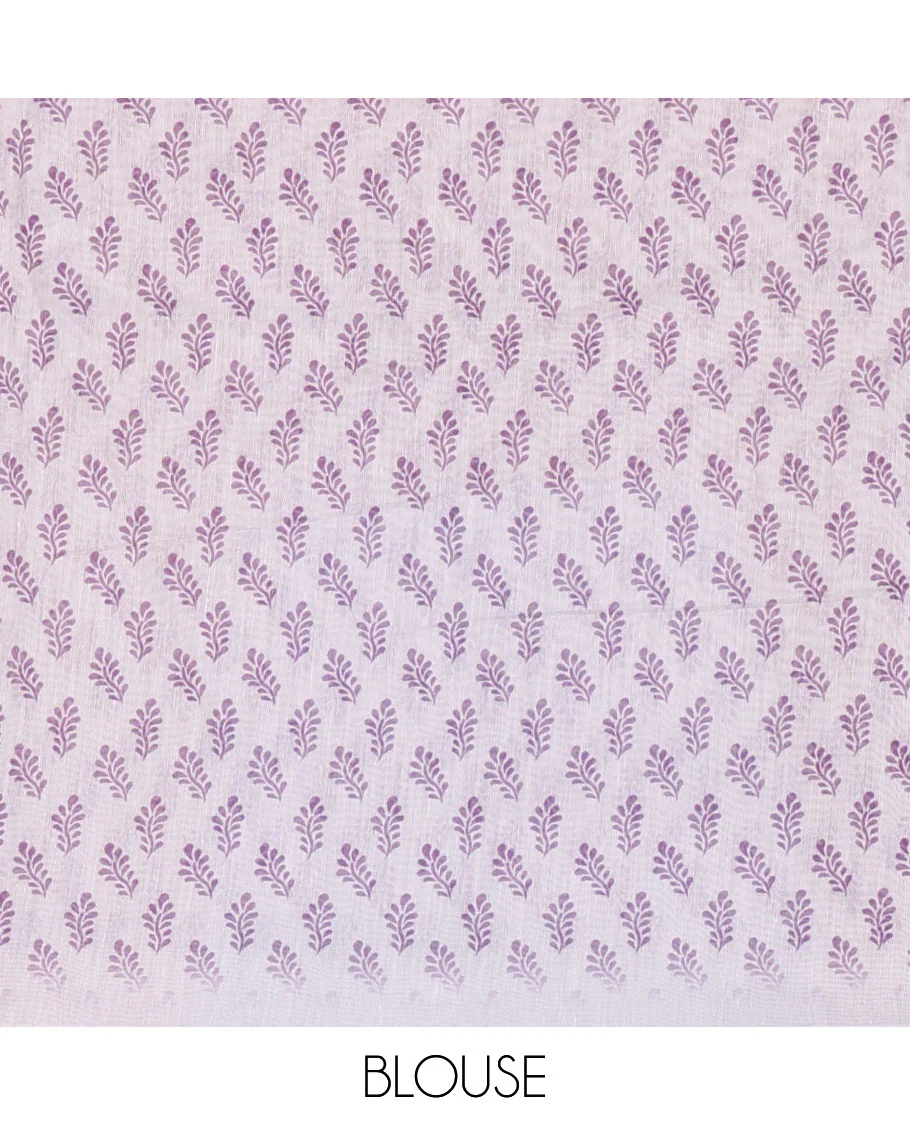 Violet bamboo motifs printed chanderi cotton saree, contrast plain border, bamboo motifs printed pallu, and a contrast unique motifs printed blouse - Image 3
