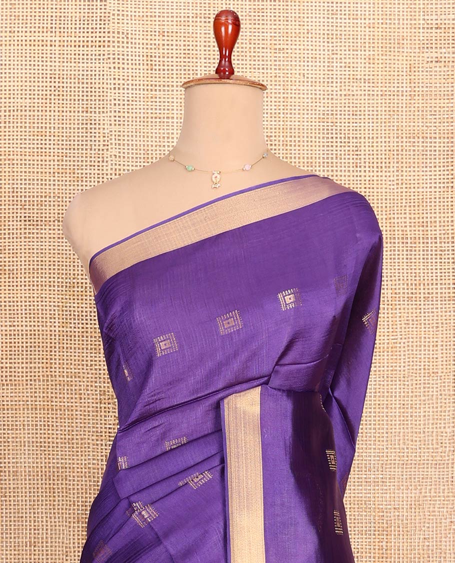 Violet Banana Pith Saree Spotlighted with Square Zari Buttas All Over Its Body, Bavanji Border, Gleaming Zari Striped Pallu, and Paired with a Matching Plain Blouse - Image 2