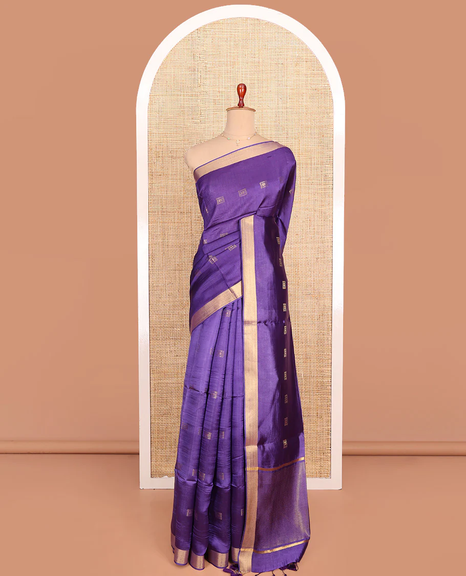 Violet Banana Pith Saree Spotlighted with Square Zari Buttas All Over Its Body, Bavanji Border, Gleaming Zari Striped Pallu, and Paired with a Matching Plain Blouse - Image 3