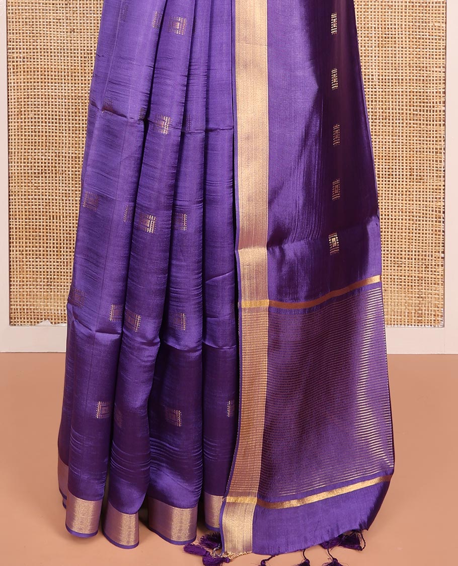 Violet Banana Pith Saree Spotlighted with Square Zari Buttas All Over Its Body, Bavanji Border, Gleaming Zari Striped Pallu, and Paired with a Matching Plain Blouse - Image 4