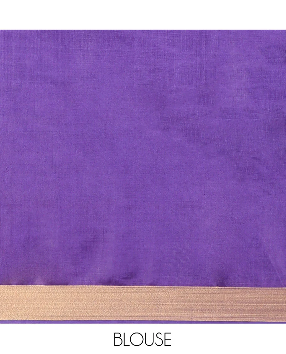 Violet Banana Pith Saree Spotlighted with Square Zari Buttas All Over Its Body, Bavanji Border, Gleaming Zari Striped Pallu, and Paired with a Matching Plain Blouse - Image 5
