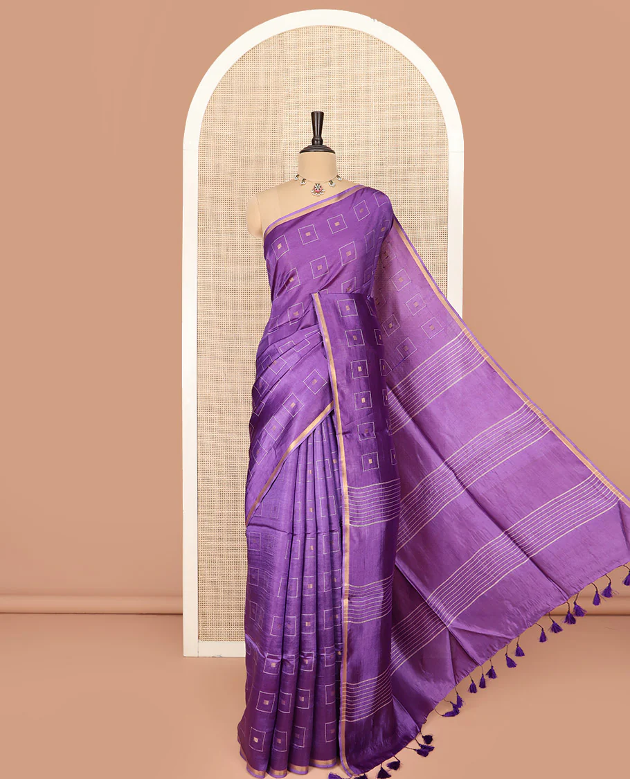Violet Banana Pith Saree Woven with Zari Buttas Enclosed Squares, Subtly Woven Piping Border, Pallu of Stripes, and Paired with a Matching Plain Blouse
