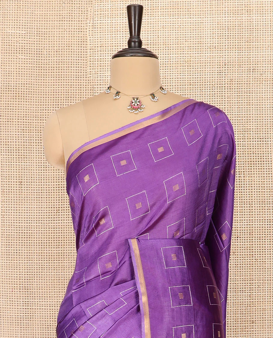 Violet Banana Pith Saree Woven with Zari Buttas Enclosed Squares, Subtly Woven Piping Border, Pallu of Stripes, and Paired with a Matching Plain Blouse - Image 2