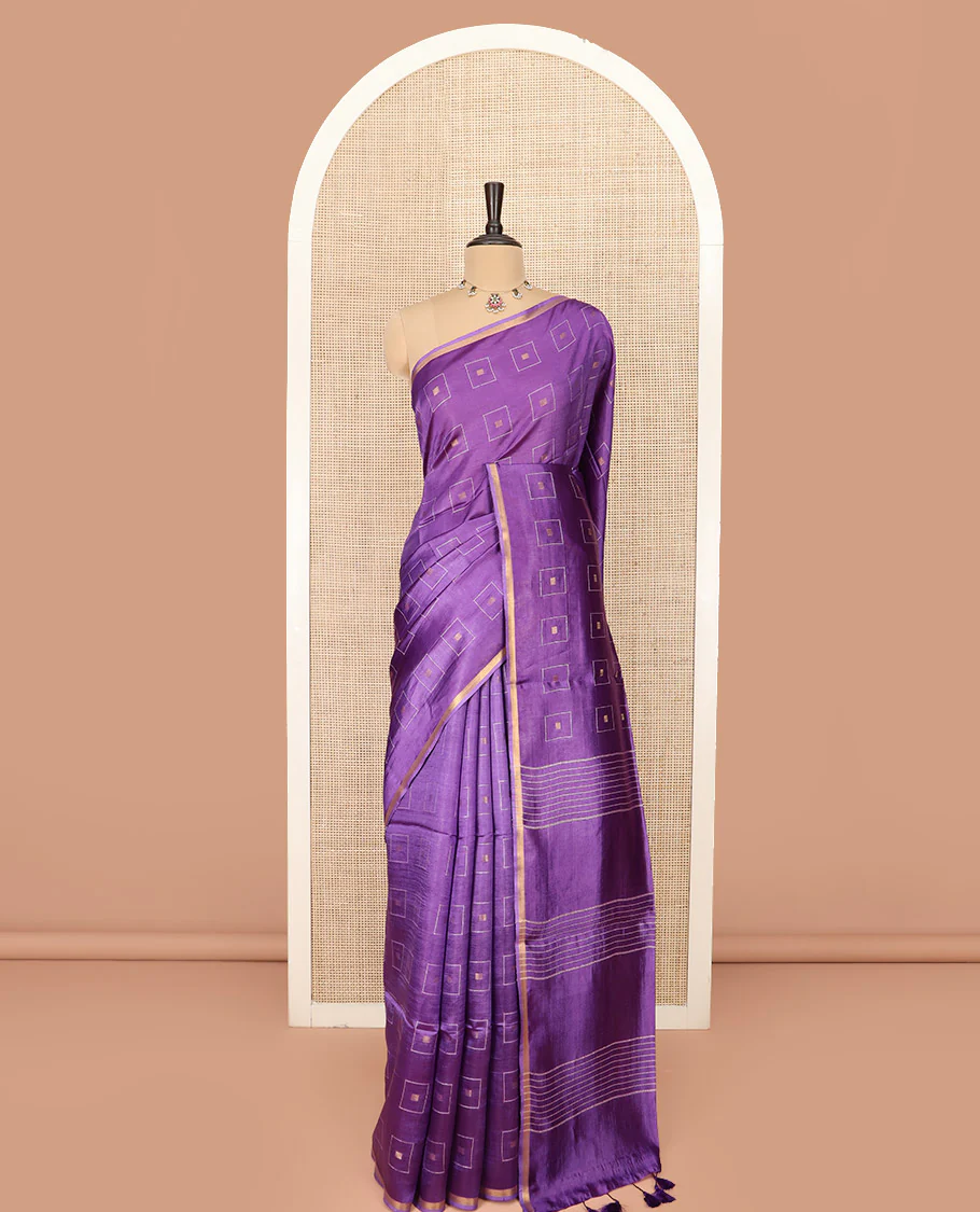Violet Banana Pith Saree Woven with Zari Buttas Enclosed Squares, Subtly Woven Piping Border, Pallu of Stripes, and Paired with a Matching Plain Blouse - Image 3