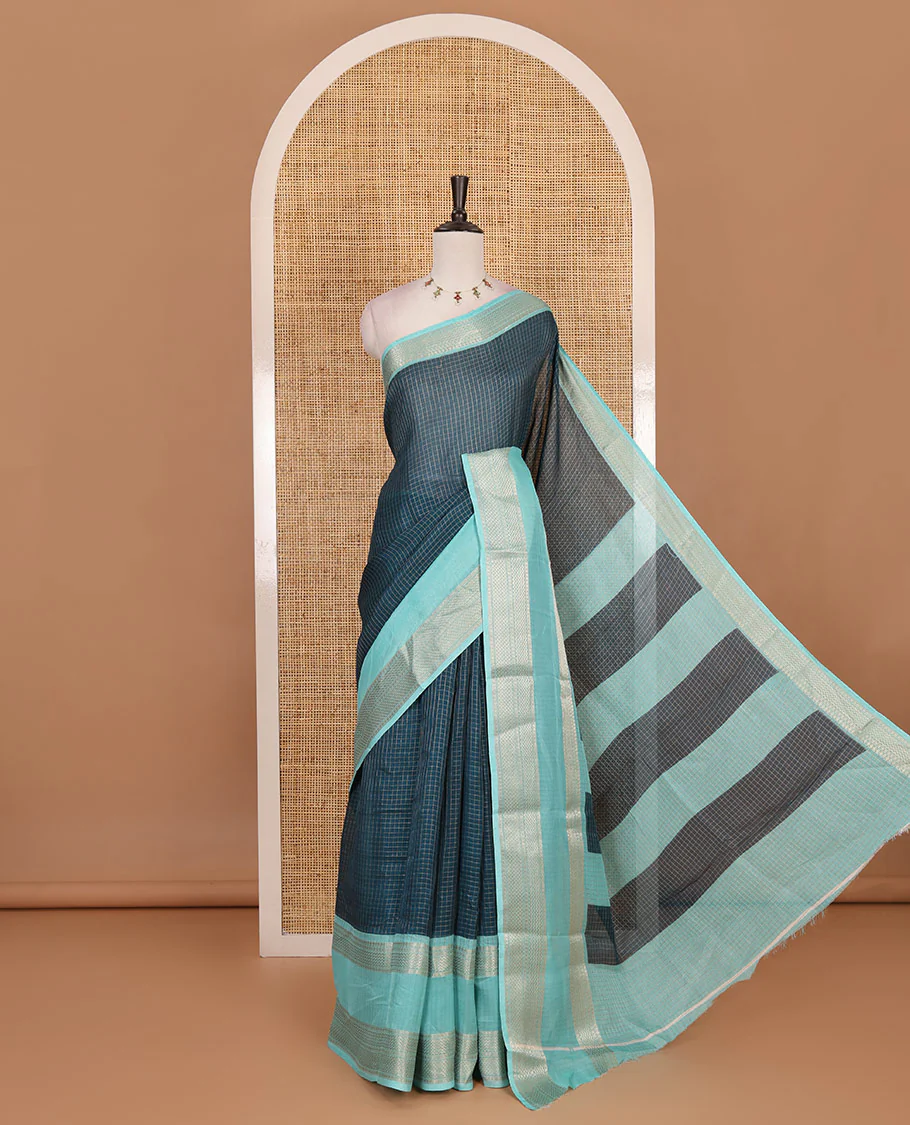 Navy blue zari checked moss milan saree, contrast traditional zari rettai pettu border, striped pallu, and contrast blouse