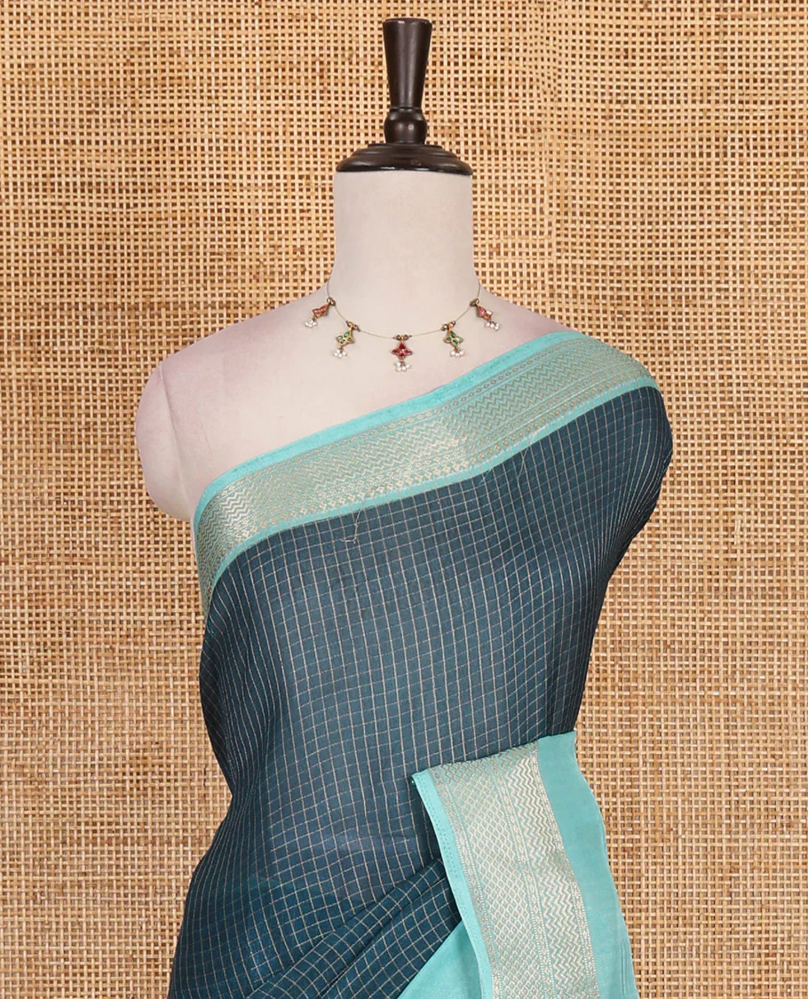 Navy blue zari checked moss milan saree, contrast traditional zari rettai pettu border, striped pallu, and contrast blouse - Image 3