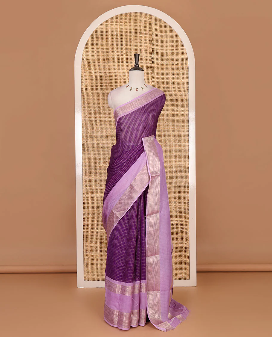 Violet zari checked moss milan saree, contrast traditional zari rettai pettu border, striped pallu, and contrast blouse - Image 2