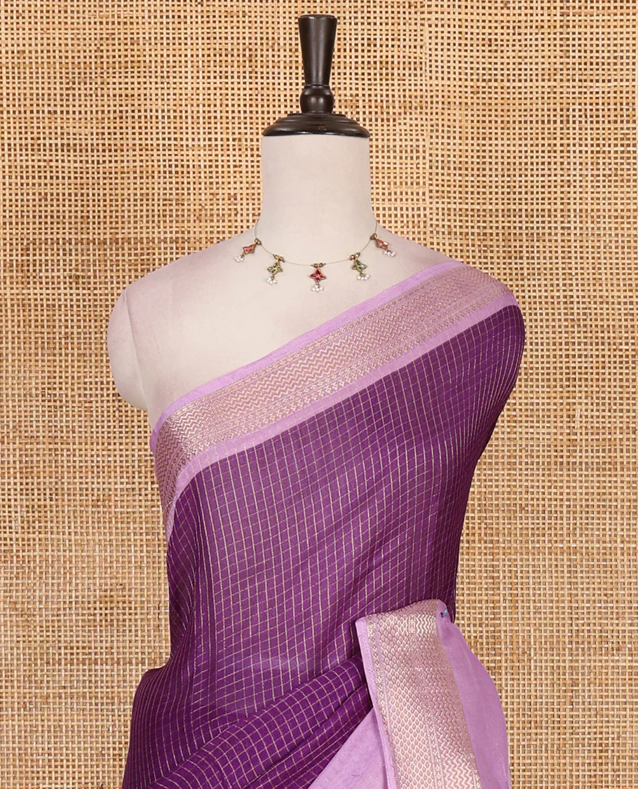 Violet zari checked moss milan saree, contrast traditional zari rettai pettu border, striped pallu, and contrast blouse - Image 3