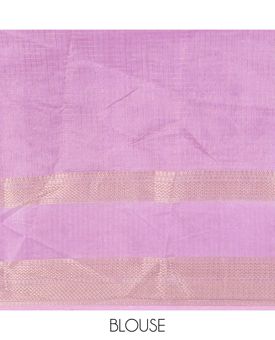 Violet zari checked moss milan saree, contrast traditional zari rettai pettu border, striped pallu, and contrast blouse - Image 4