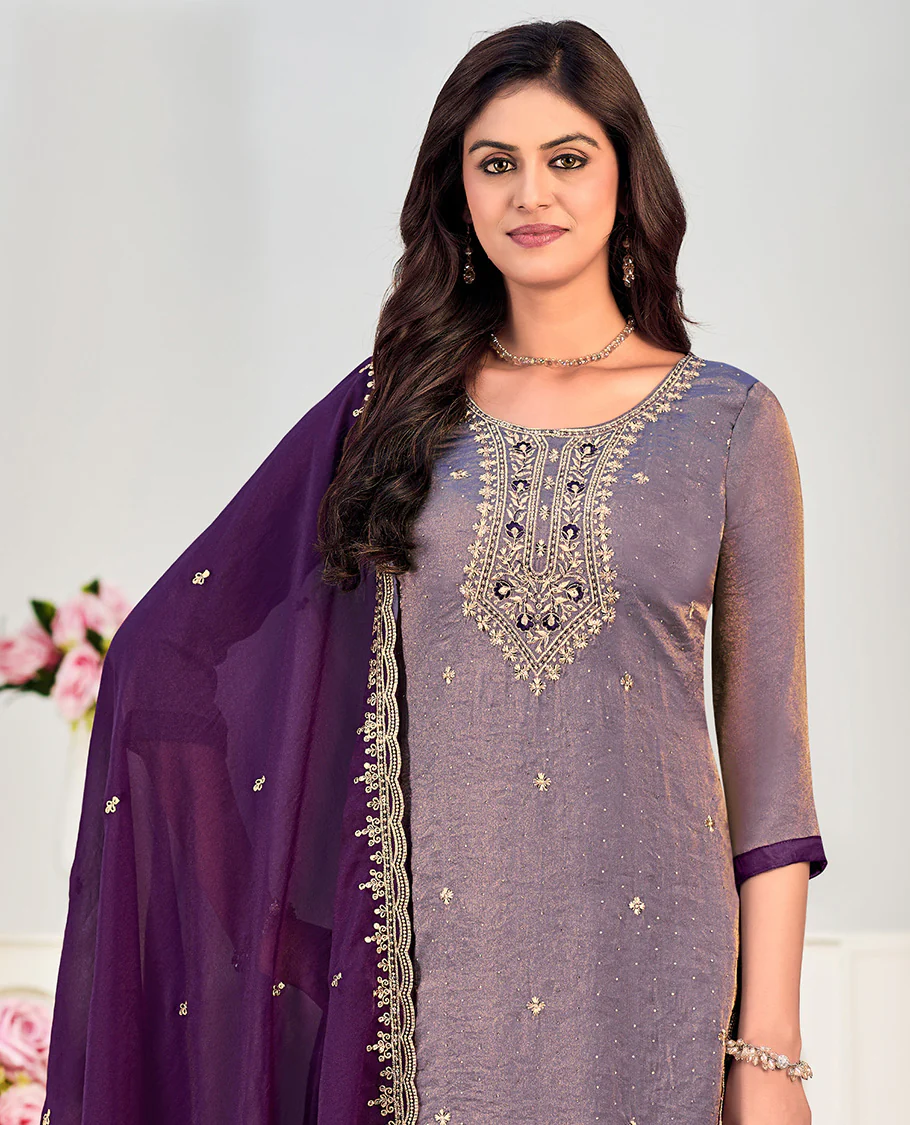 Violet churidar material set, neck embroidered with stone work top, contrast plain bottom, and scallop embroidered dupatta - Image 2