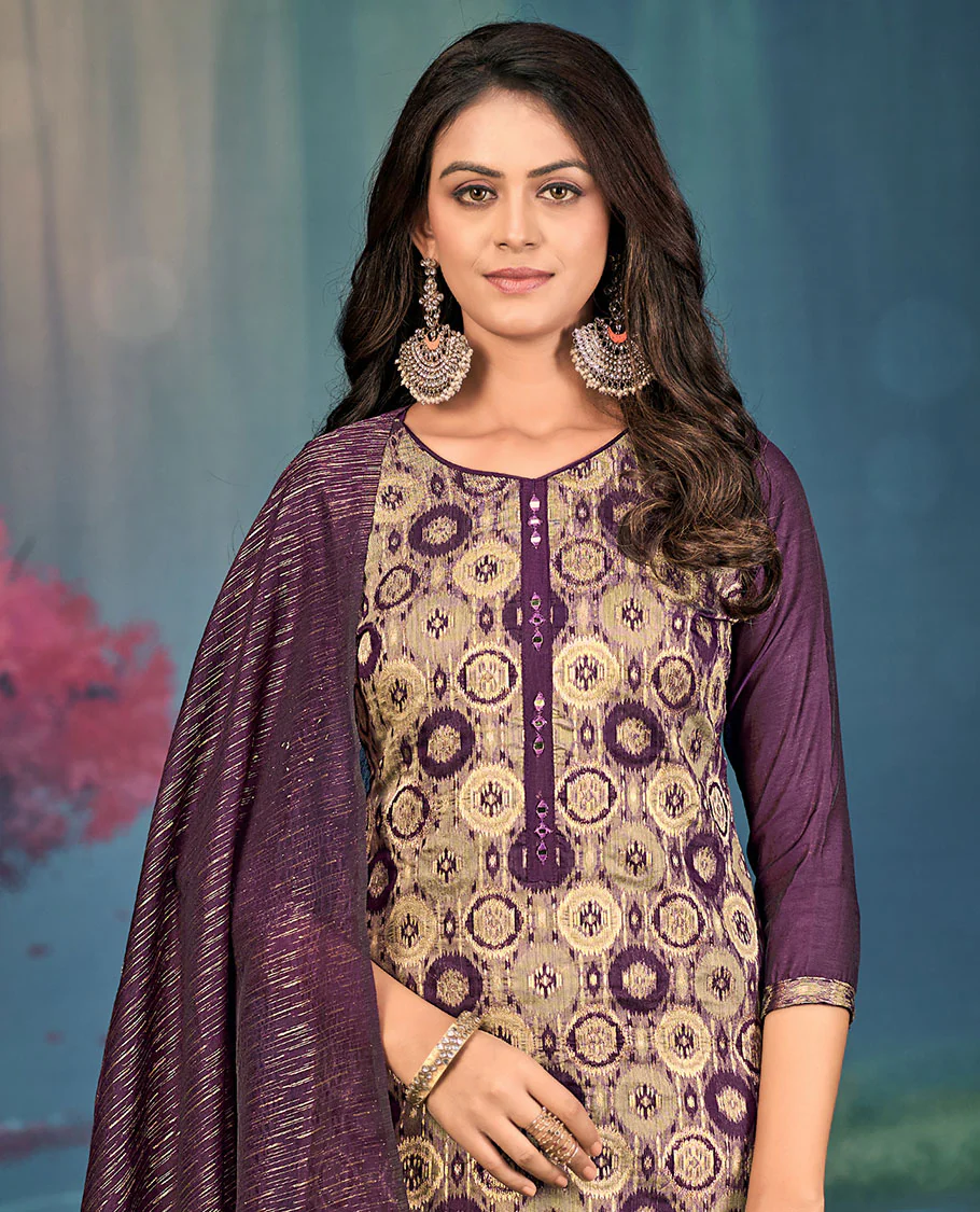 Violet churidar material set, round motifs, and mirror embroidered top, plain bottom, and geometric patterned dupatta - Image 2
