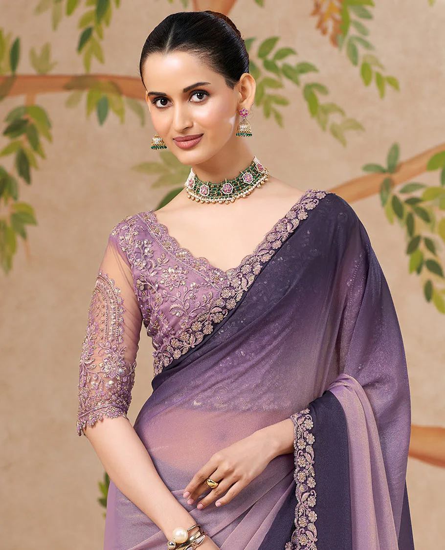 Violet Designer Saree Featuring Ombre-Color Dyed All Over the Saree, Highlighted with Floral Creeper Embroidered Scallop Border, and Comes with a Contrast Floral Embroidered Blouse - Image 2