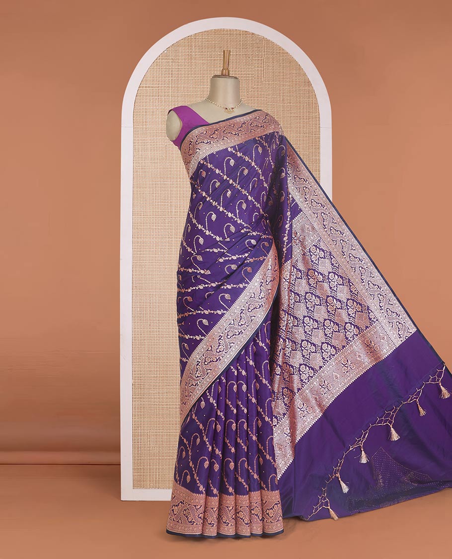 Violet diagonal floral stripes with stone work Banaras Nylon silk saree, traditional zari design border, and intricate pallu - Image 2