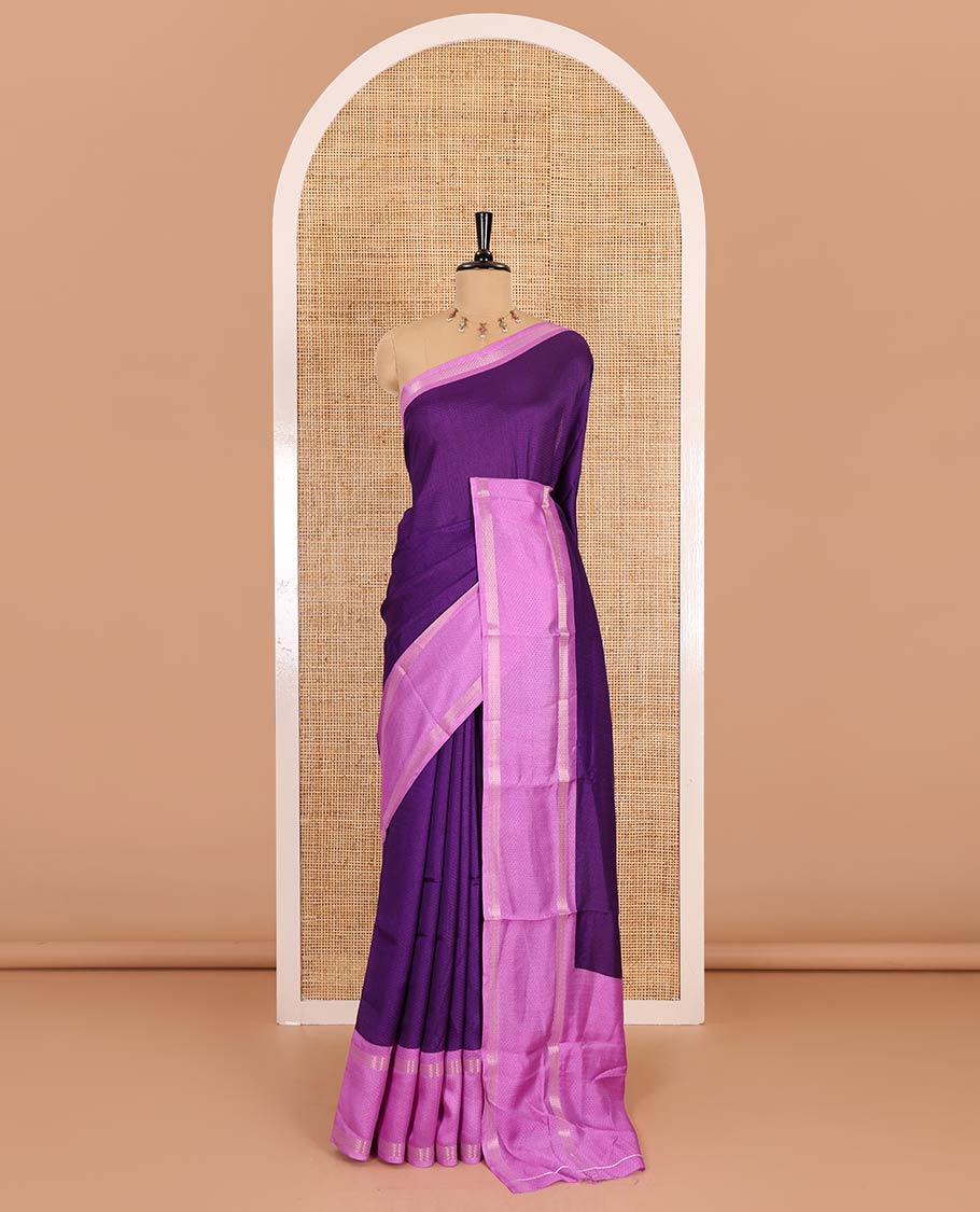 Violet embossed moss chiffon saree, contrast traditional rettai pettu border, embossed pallu, and a contrast embossed blouse - Image 2
