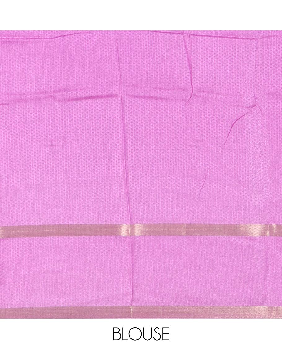 Violet embossed moss chiffon saree, contrast traditional rettai pettu border, embossed pallu, and a contrast embossed blouse - Image 4