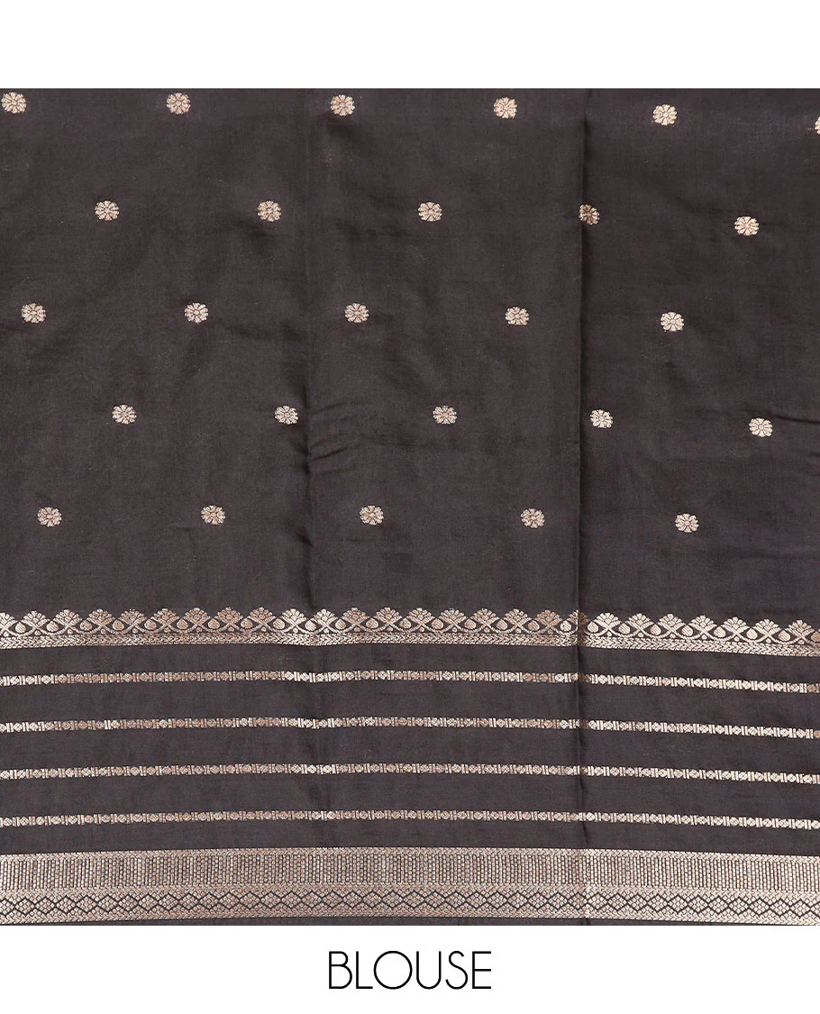 Violet floral buttas assam silk saree, contrast traditional zari border, and pallu of stripes and zari buttas - Image 3