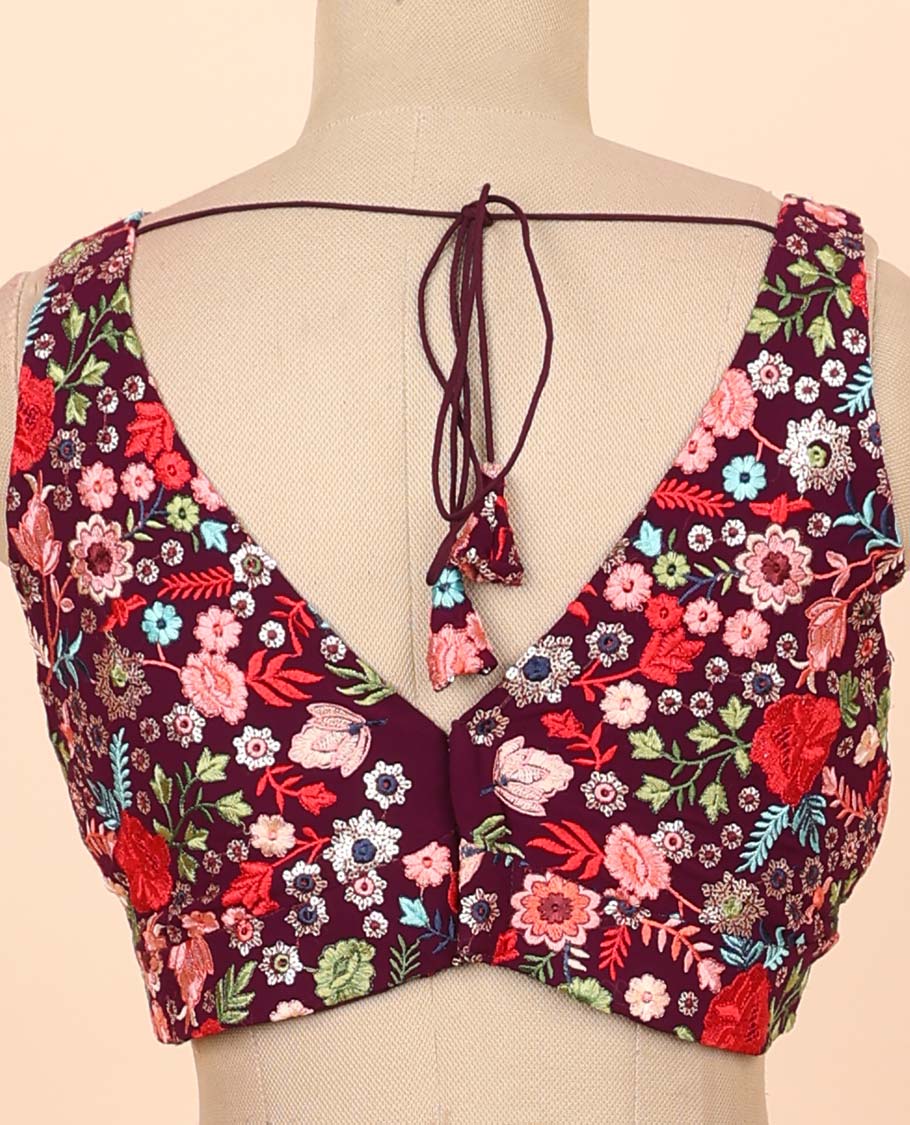 Maroon floral embroidered front & back deep v-neck raw-silk readymade sleeveless blouse - Image 4
