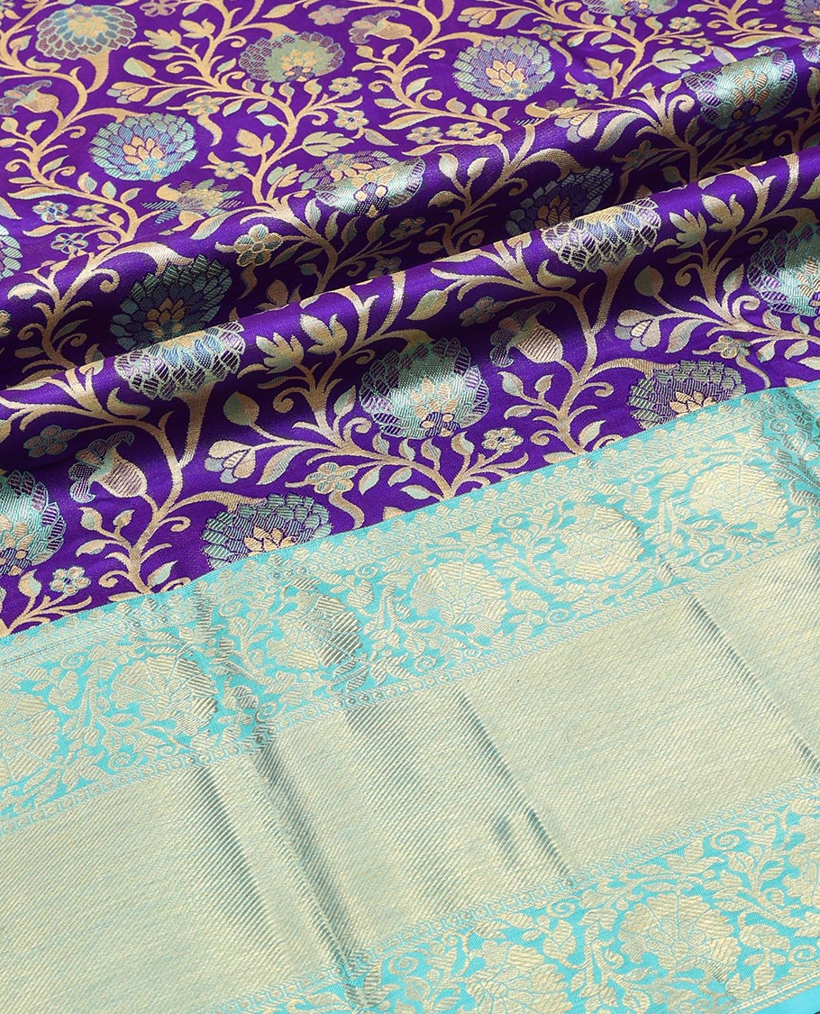Violet floral jacquard pure silk half saree with contrast border of thilakam mokku, kodi visiry, banaras design, zari design blouse & floral design dhavani - Image 3