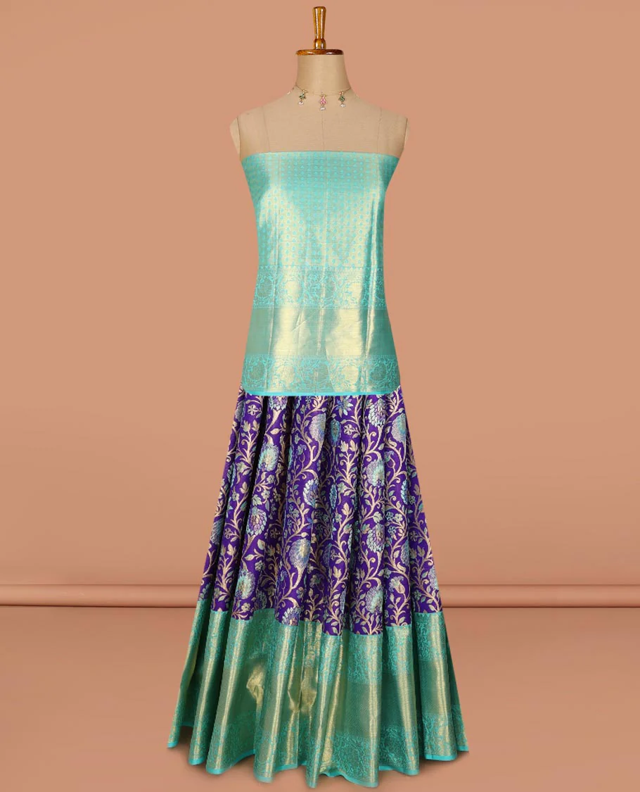 Violet floral jacquard pure silk half saree with contrast border of thilakam mokku, kodi visiry, banaras design, zari design blouse & floral design dhavani - Image 4