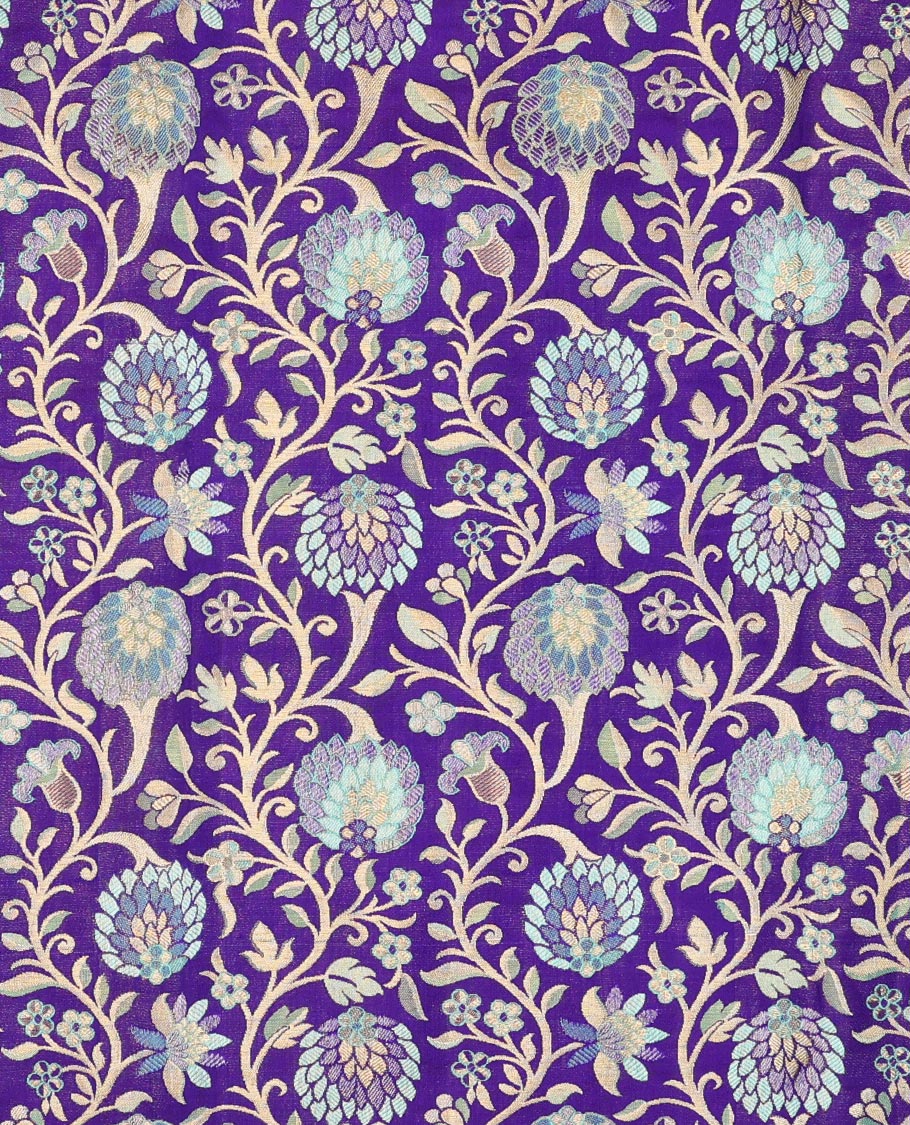 Violet floral jacquard pure silk half saree with contrast border of thilakam mokku, kodi visiry, banaras design, zari design blouse & floral design dhavani - Image 5