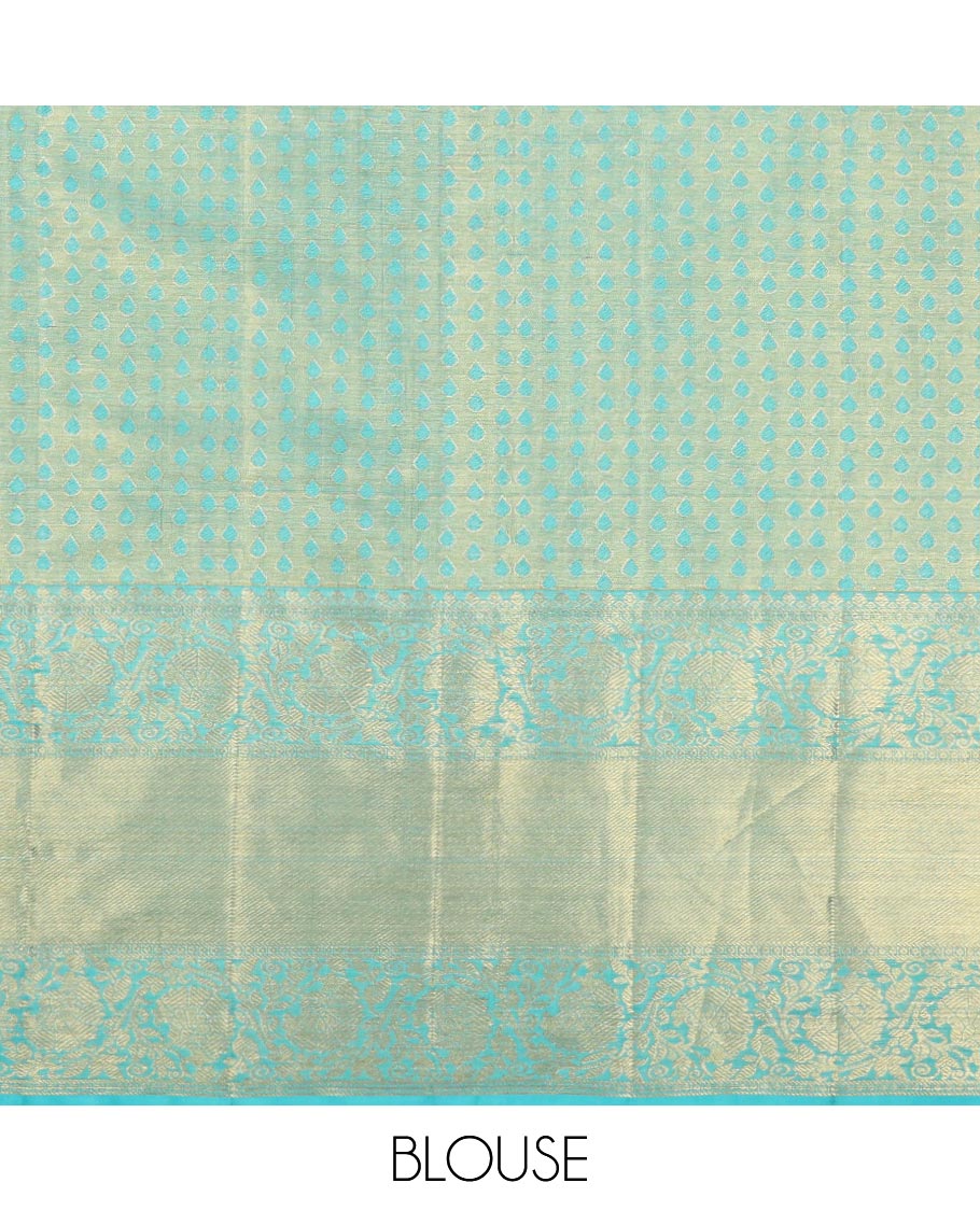 Violet floral jacquard pure silk half saree with contrast border of thilakam mokku, kodi visiry, banaras design, zari design blouse & floral design dhavani - Image 6