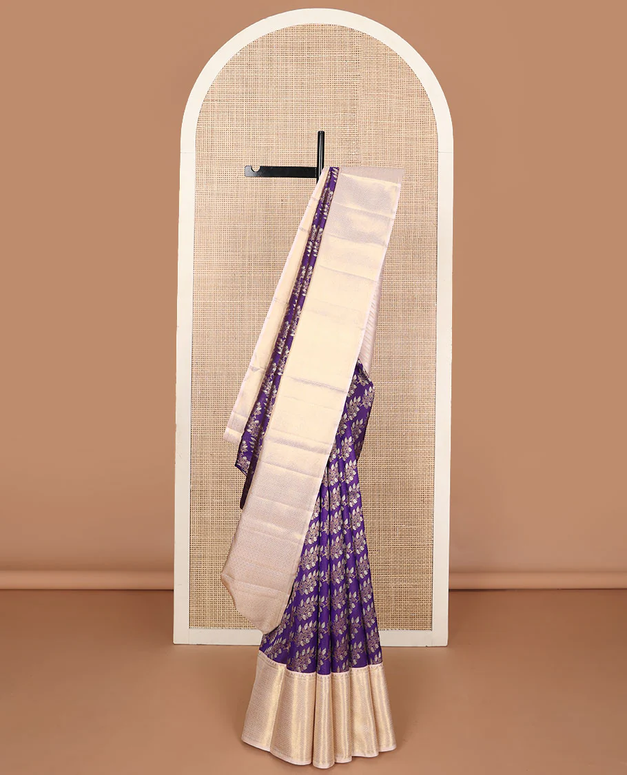 Violet floral jacquard Samudrika silk saree, contrast diagonal floral striped pallu & zari border of rekku, muthu & jaal design