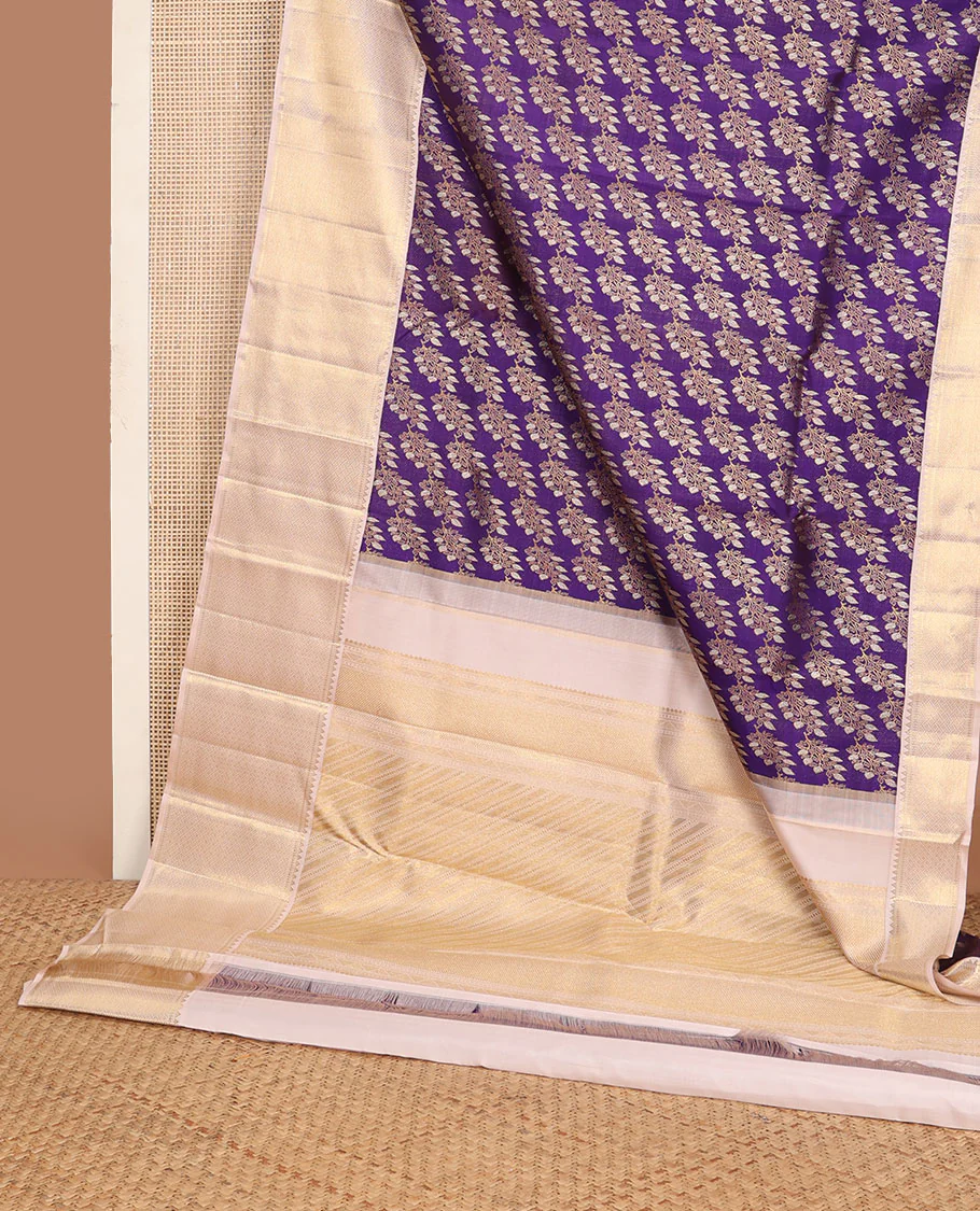Violet floral jacquard Samudrika silk saree, contrast diagonal floral striped pallu & zari border of rekku, muthu & jaal design - Image 2