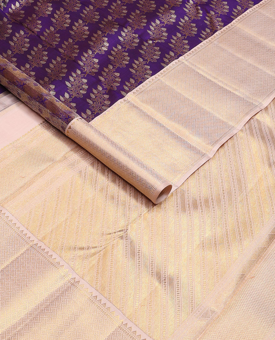 Violet floral jacquard Samudrika silk saree, contrast diagonal floral striped pallu & zari border of rekku, muthu & jaal design - Image 3
