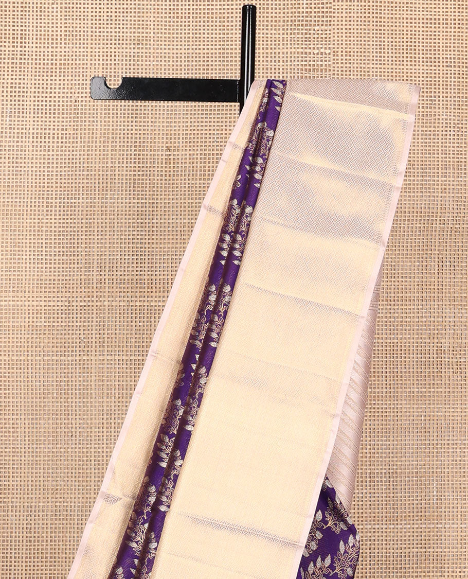 Violet floral jacquard Samudrika silk saree, contrast diagonal floral striped pallu & zari border of rekku, muthu & jaal design - Image 4