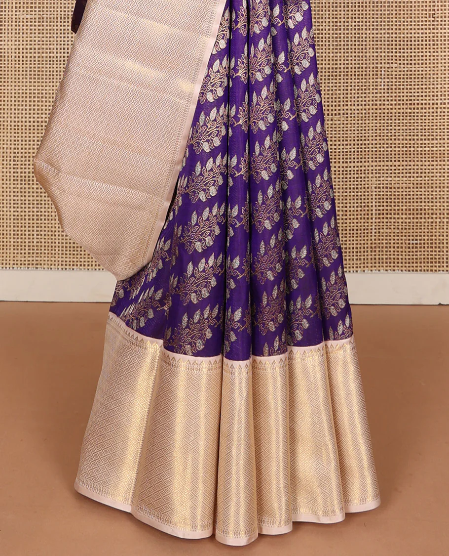 Violet floral jacquard Samudrika silk saree, contrast diagonal floral striped pallu & zari border of rekku, muthu & jaal design - Image 5