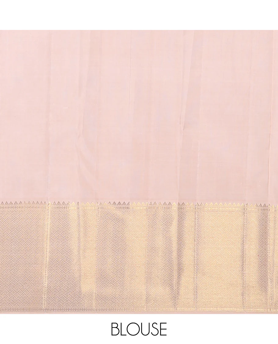 Violet floral jacquard Samudrika silk saree, contrast diagonal floral striped pallu & zari border of rekku, muthu & jaal design - Image 6