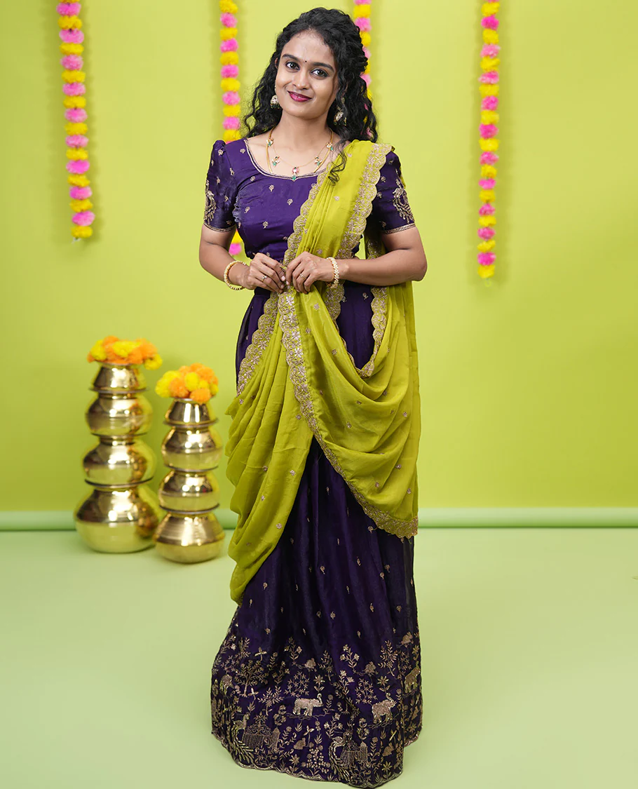 Violet half-saree, buttas and flora-fauna embroidered bordered velvet organza skirt, a matching velvet organza blouse, and a contrast embroidered scallop syska georgette dhavanif - Image 2