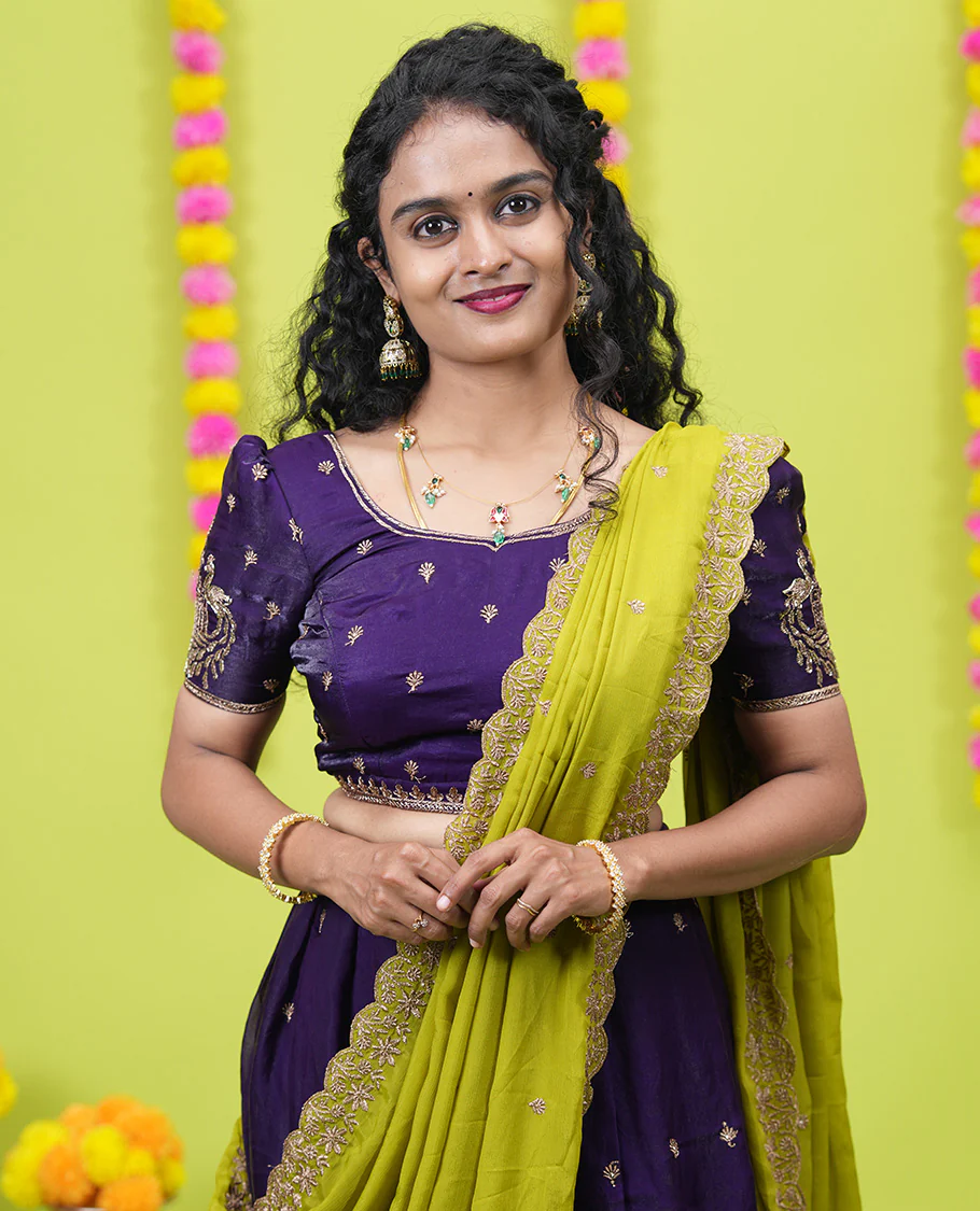 Violet half-saree, buttas and flora-fauna embroidered bordered velvet organza skirt, a matching velvet organza blouse, and a contrast embroidered scallop syska georgette dhavanif - Image 3