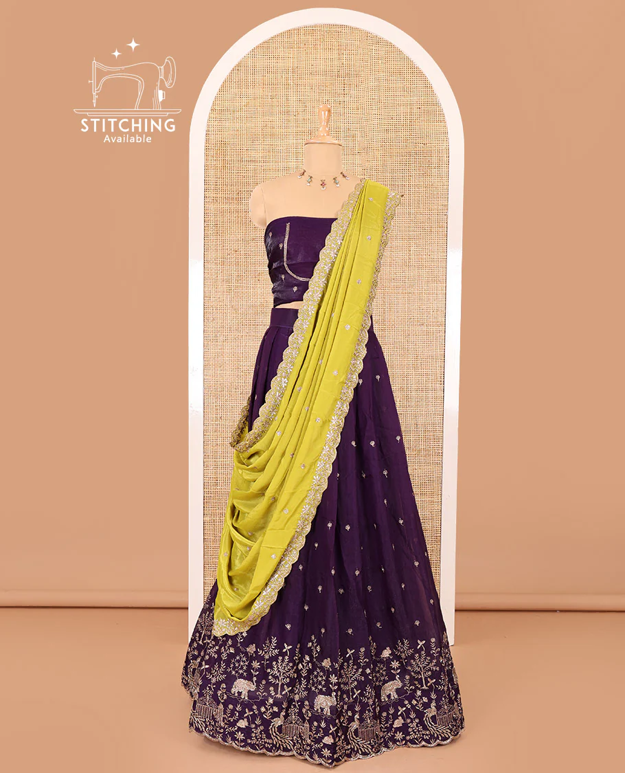 Violet half-saree, buttas and flora-fauna embroidered bordered velvet organza skirt, a matching velvet organza blouse, and a contrast embroidered scallop syska georgette dhavanif - Image 4