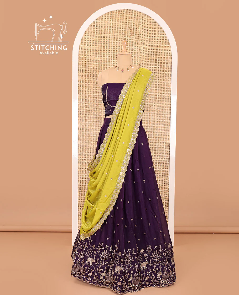 Violet half-saree, buttas and flora-fauna embroidered bordered velvet organza skirt, a matching velvet organza blouse, and a contrast embroidered scallop syska georgette dhavanif - Image 6