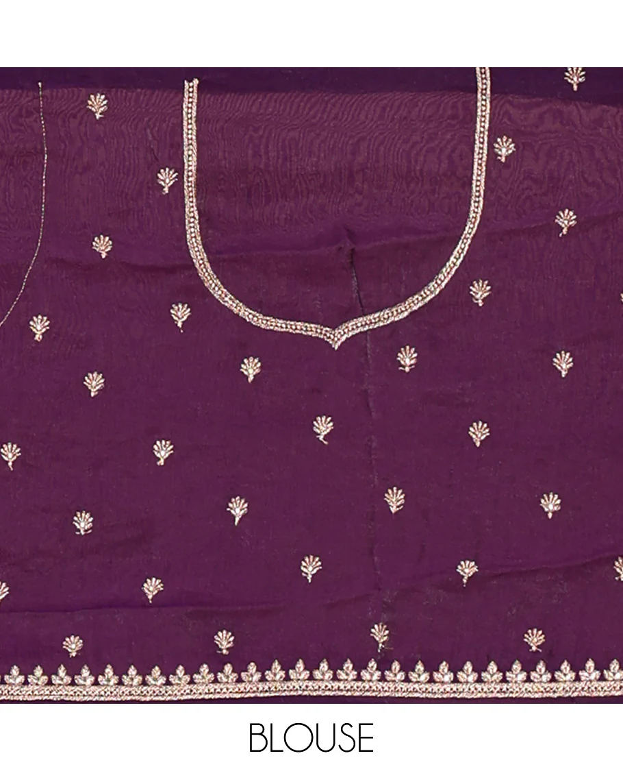 Violet half-saree, buttas and flora-fauna embroidered bordered velvet organza skirt, a matching velvet organza blouse, and a contrast embroidered scallop syska georgette dhavanif - Image 7