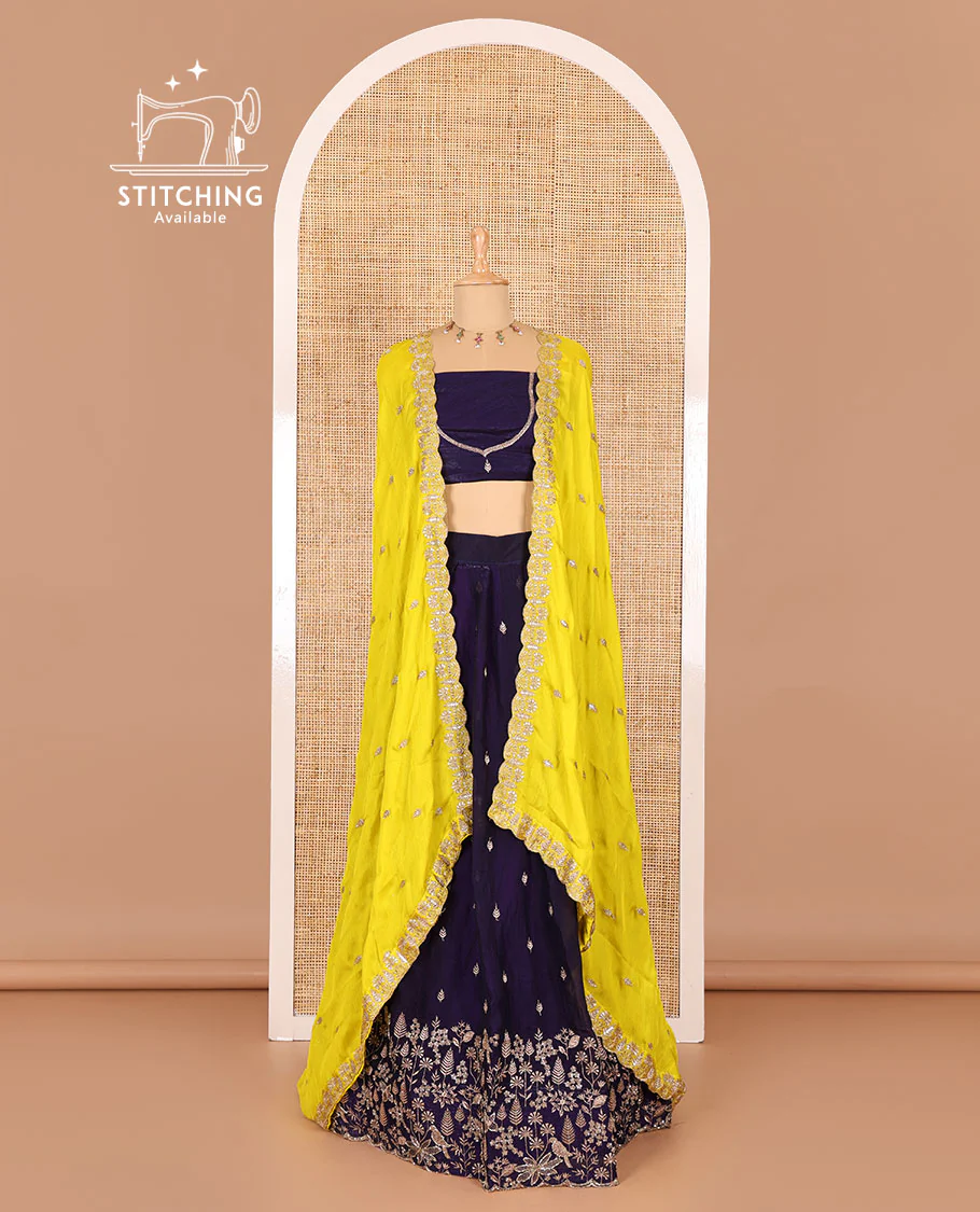 Violet half-saree, floral and bird motifs embroidered velvet organza top, matching embroidered blouse, and contrast scallop embroidered syska georgette dhavani - Image 2