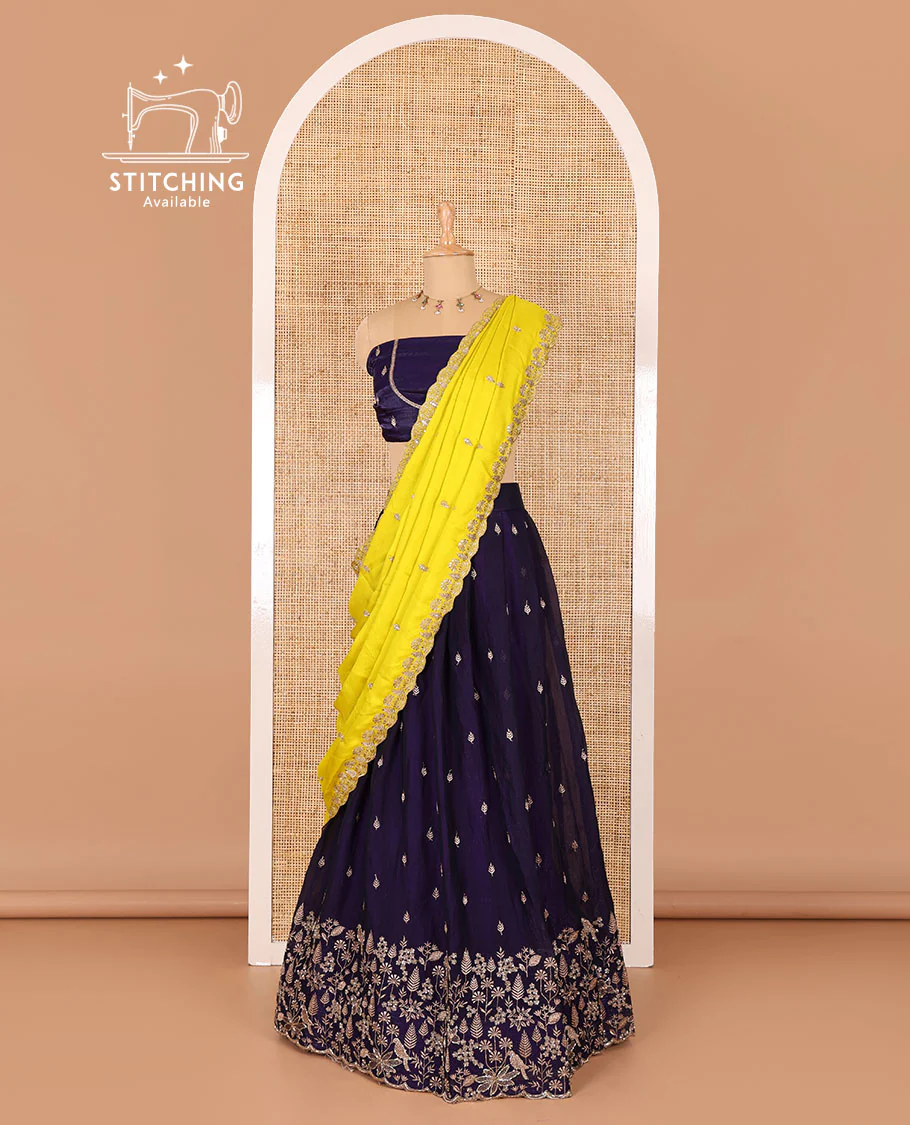 Violet half-saree, floral and bird motifs embroidered velvet organza top, matching embroidered blouse, and contrast scallop embroidered syska georgette dhavani - Image 3