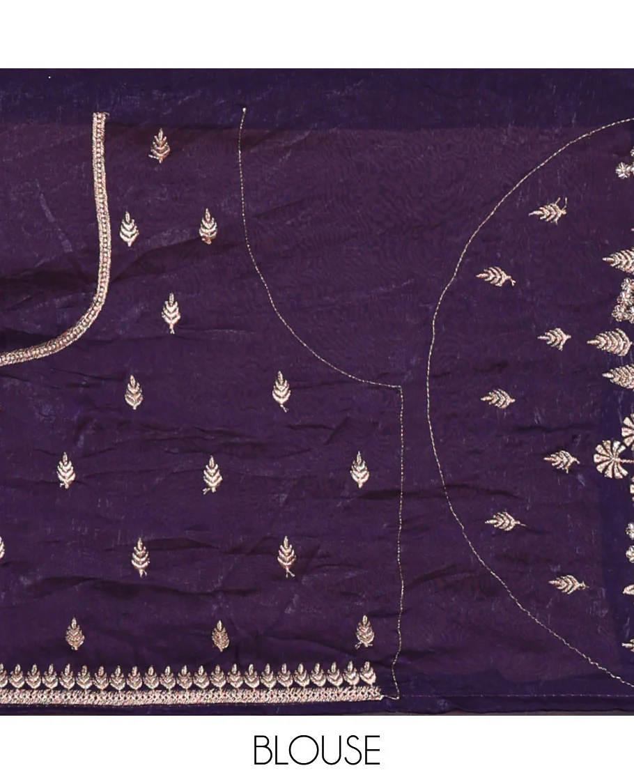 Violet half-saree, floral and bird motifs embroidered velvet organza top, matching embroidered blouse, and contrast scallop embroidered syska georgette dhavani - Image 4