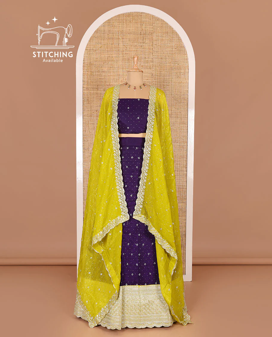 Violet half-saree, floral motifs embroidered semi raw silk top, matching embroidered blouse, and contrast scallop embroidered georgette dhavani - Image 2