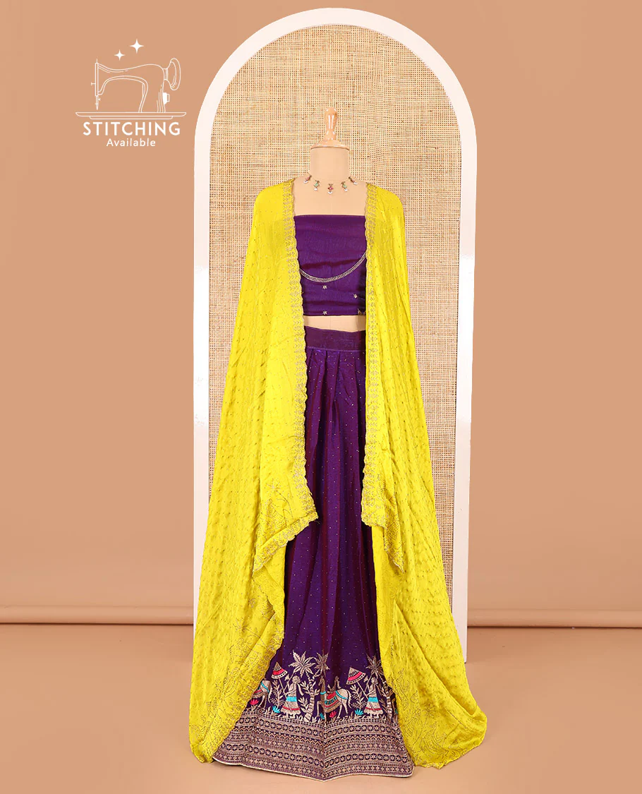 Violet half-saree, Swarovski stone work with girl-on-the-horse motifs embroidered bordered satin georgette skirt, a matching satin georgette blouse, and a contrast Swarovski stone work scallop dhavani - Image 2