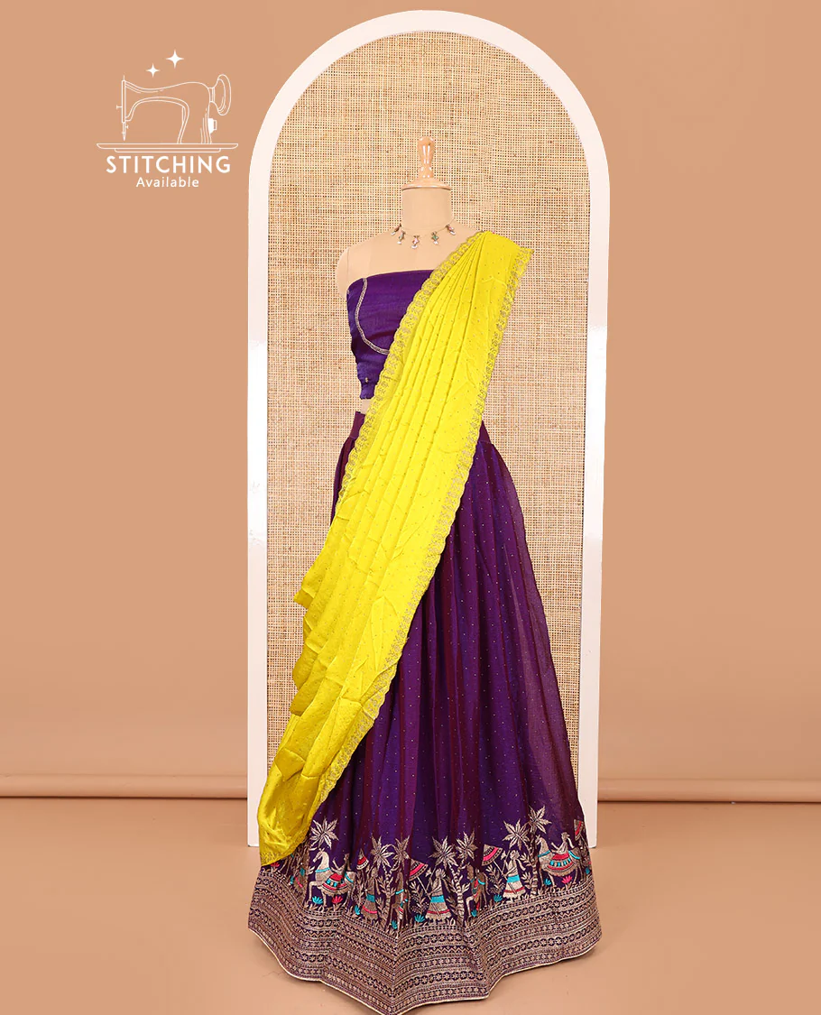 Violet half-saree, Swarovski stone work with girl-on-the-horse motifs embroidered bordered satin georgette skirt, a matching satin georgette blouse, and a contrast Swarovski stone work scallop dhavani - Image 3