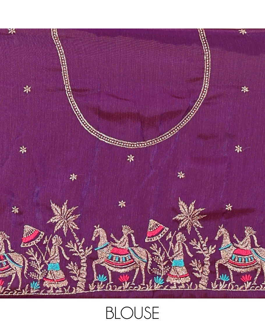 Violet half-saree, Swarovski stone work with girl-on-the-horse motifs embroidered bordered satin georgette skirt, a matching satin georgette blouse, and a contrast Swarovski stone work scallop dhavani - Image 4