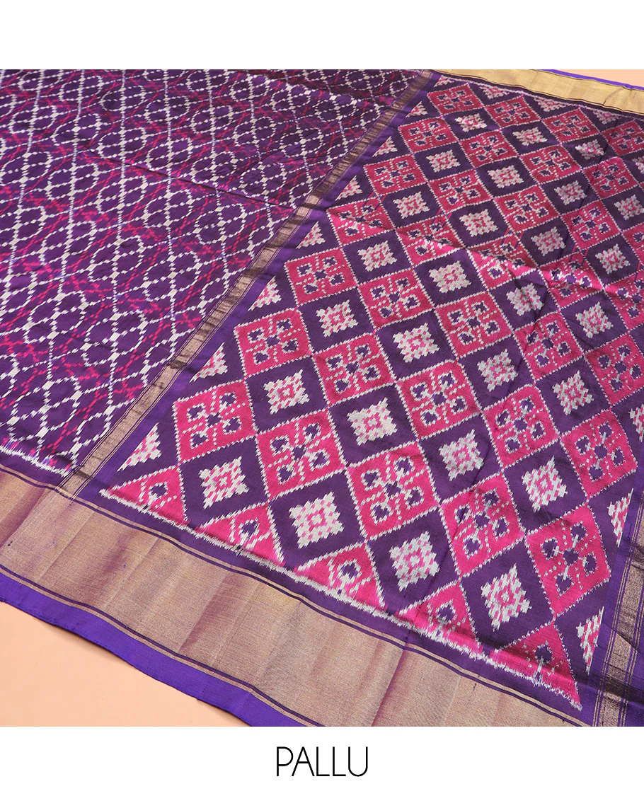 Violet Ikkat Silk Saree Elevated with Ikkat Geometric Designs, Subtly Designed Plain Zari Border, Ikkat Jaal-Patterned Pallu, and a Matching Blouse - Image 5